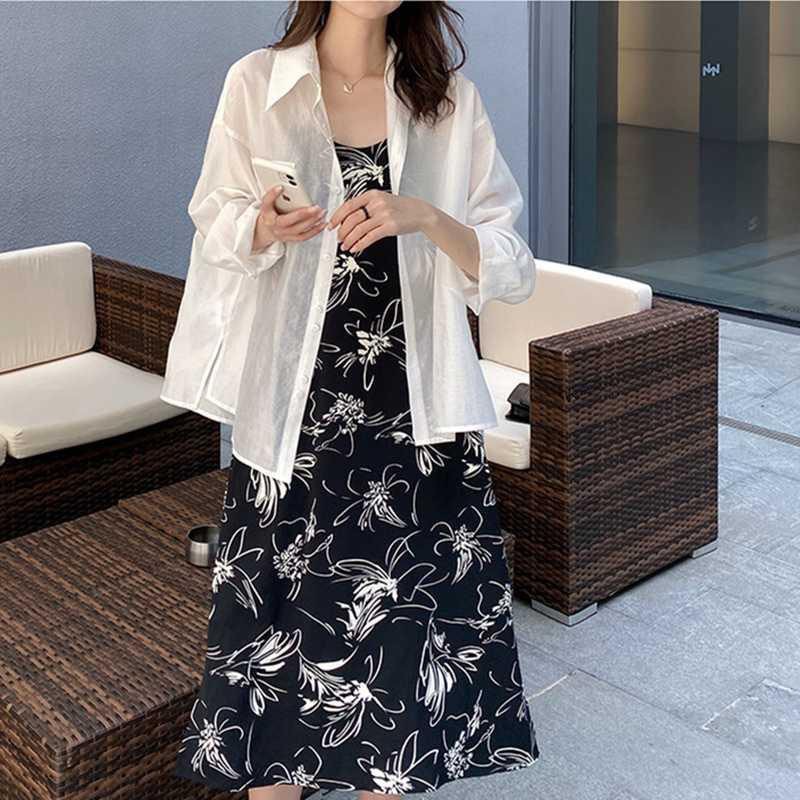

Women Summer White Shirt Back Split Strap Design Loose Long Sleeve Ladies Sunscreen Blouses Tops, As pic