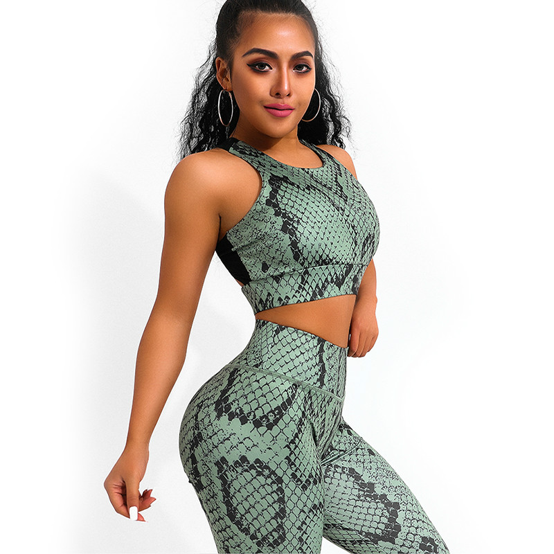 

MarchWind Brand Designer Snake Print Yoga Set Women Crisscross Back Sportwear Gym Clothing Fitness Leggings Workout Sports Suit Female, Green