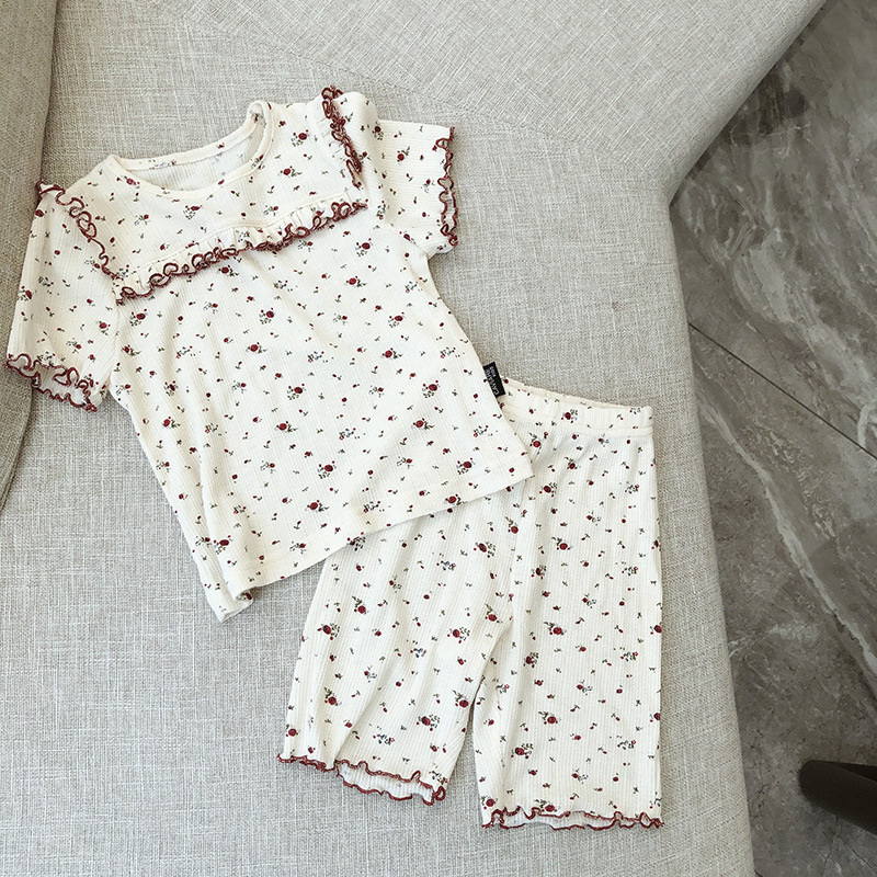 

Baby Girls Summer Floral Printed Pajamas Sets Elastic Tops Pants 2pcs Korean Style Toddlers Kids Soft Sleepwear Suits, Fsd