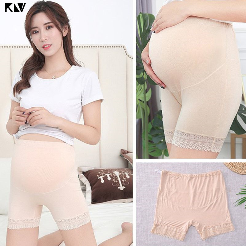 

Pregnant Women Mid Rise Safety Pants Seamless Lace Trim Solid Color Maternity Underwear Adjustable Elastic Belt Summer Underpant, Nude
