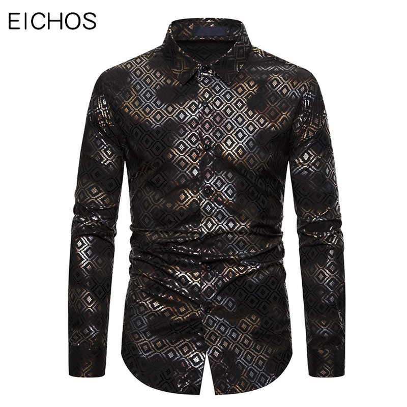 

Spring Men Shirts Fashion Bronzing Floral Print Luxury Shiny Shirts Men Casual Long Sleeve Night Club Wear Camisa Masculina, Black