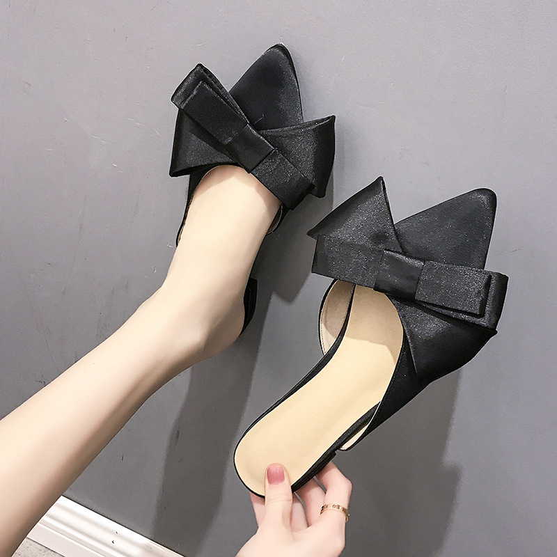 

2020spring and summer shoes for women Korean silk satin pointy bow tie slippers Baotou flat heel sets semi slippers c111, Black