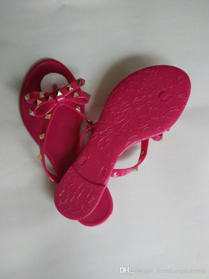 

Hot Sale-New 2018 Woman Summer Sandals Rivets big bowknot Flip Flops Beach Sandalias Femininas Flat Jelly Designer Sandals, Black