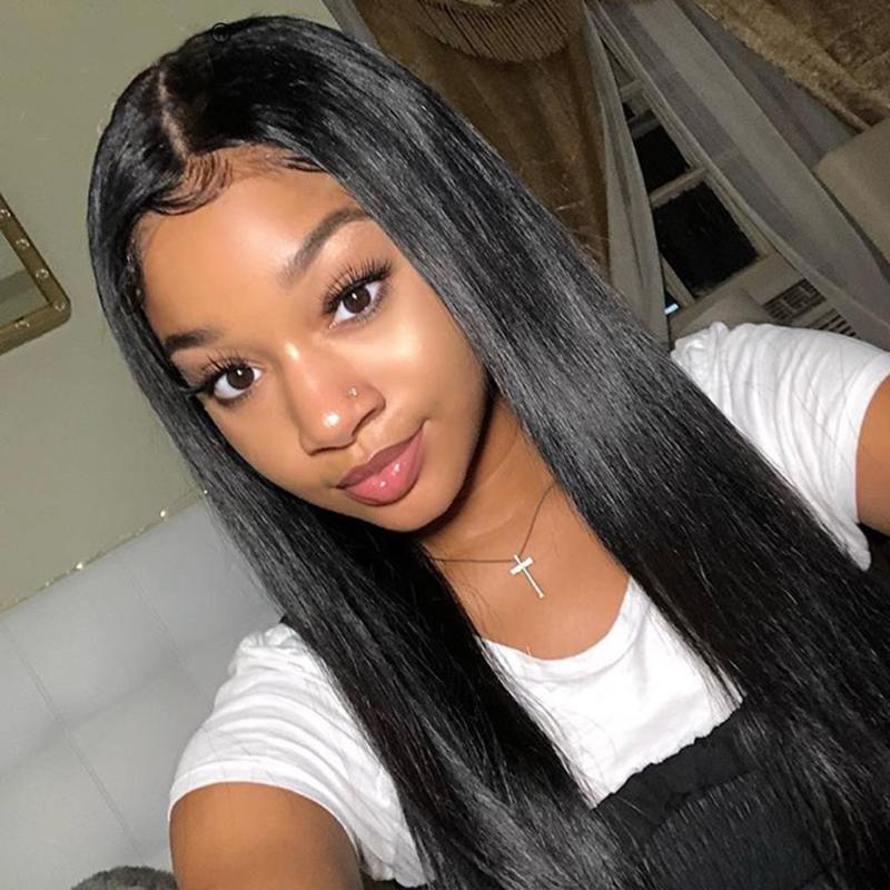 

Black Color Synthetic Lace Front Wig Heat Resistant Silky Straight Half Hand Tied Front Wigs With Baby Hair, As pic