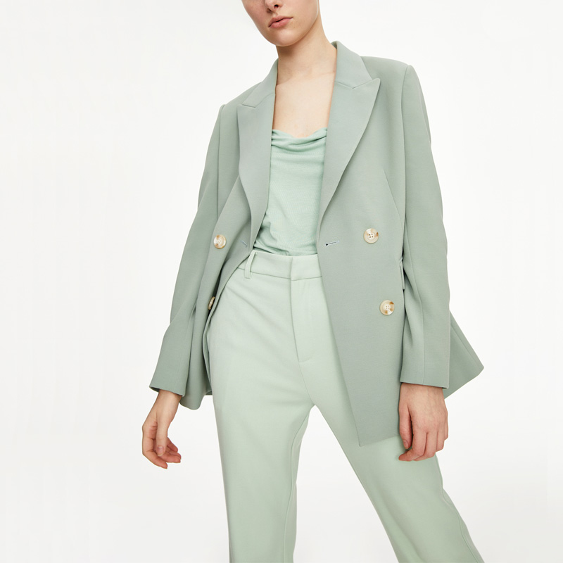 

Spring women' suit casual solid color double-breasted pocket decorative suit, Green