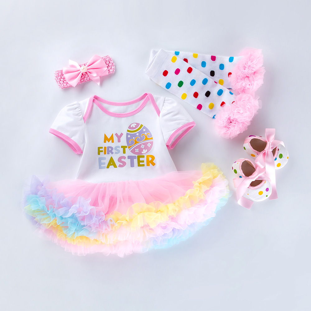 

retail girls boutique outfits summer 4pcs dress set baby Easter princess romper dress+kneelet+shoes+headband tracksuit kids designer clothes, Wathet blue