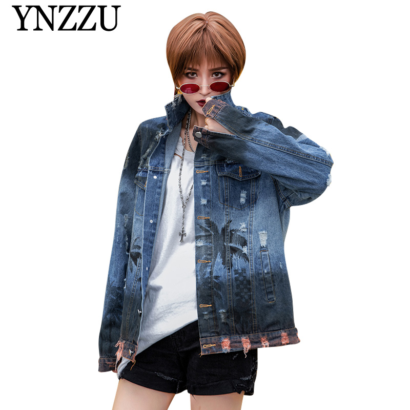 

YNZZU Autumn Winter Coconut tree print denim jacket Tie dyeing loose causal women coat 2019 Chic hollow out women outwear YO807