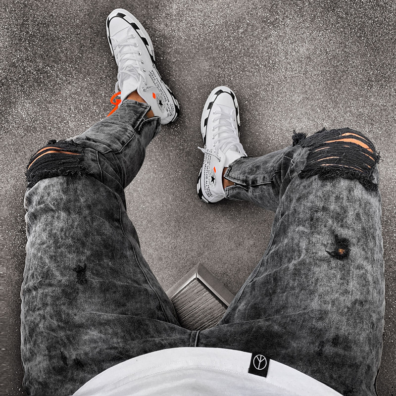 

2020 Men Stretchy Ripped Skinny Biker Embroidery Print Jeans Destroyed Hole Taped Slim Fit Denim Scratched High Quality Jean, White