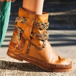 

GOXPACER 2019 Metal Chain Shoes Women Boots Boots Flat Heel Personality Round Toe Ankle Plus Size Punk Short Free Shipping, Gray