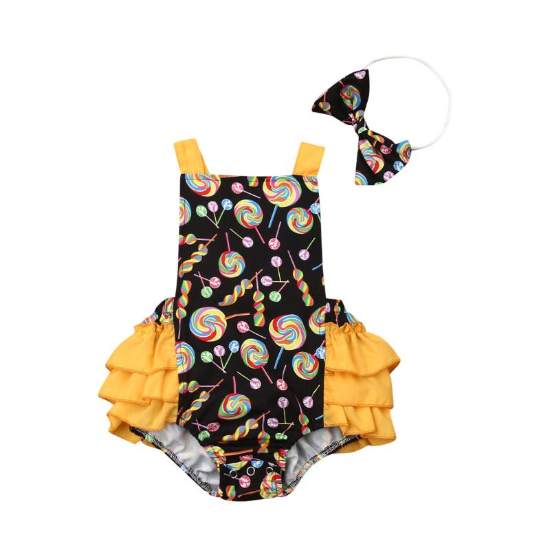 

Infant Baby Girl Jumpsuits Headband Clothes Sleeveless Belt Ruffles Print Bodysuit Outfit Summer, As pic