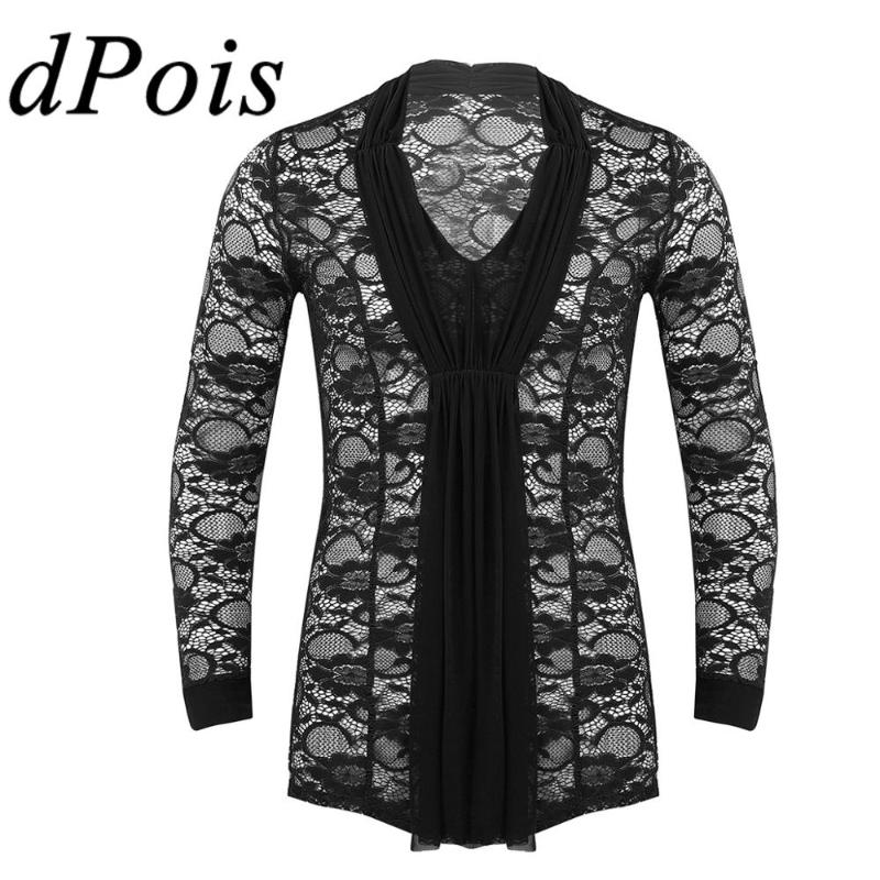 

Mens Latin Dance Shirts Tops Classic V Neck Long Sleeves Front Drape Sheer Lace Shirt Homme Cha Cha Rumba Samba Male Dancewear, Black