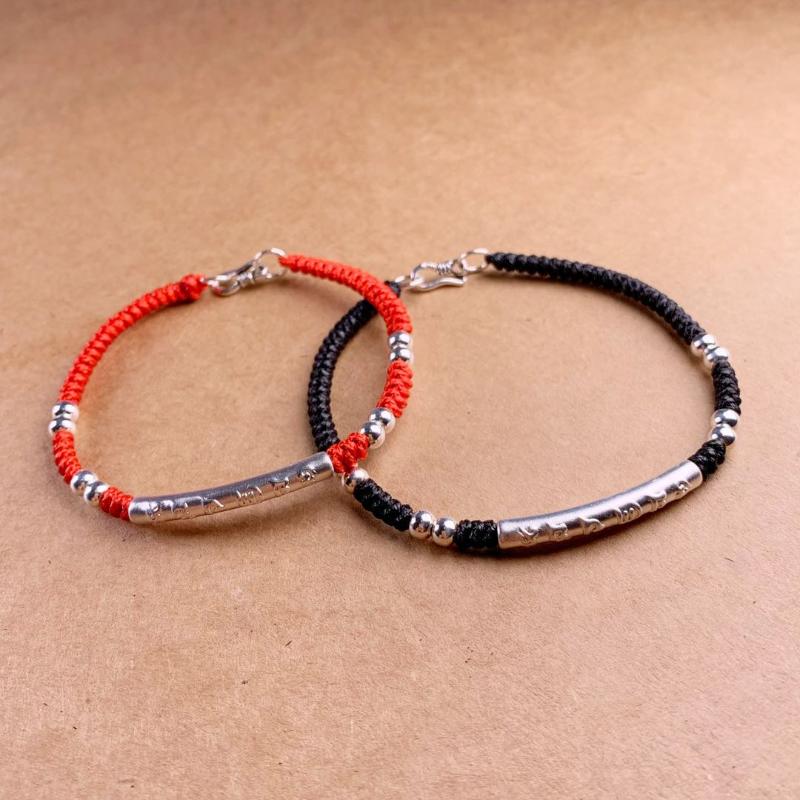 

Other Bracelets Tibetan Buddhism S925 Silver Sterling Six Words Bracelet Lucky Wax String Handmade Amulet Jewelry