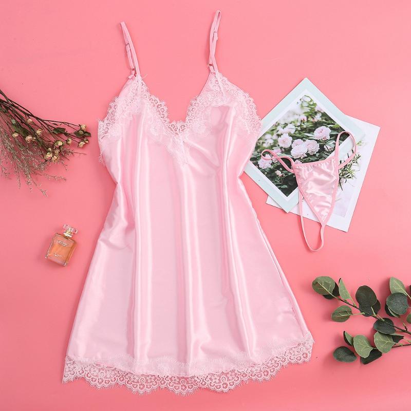 

White Pink Sexy Nightdress Women Solid Two Piece Set Lingerie Silk Satin Pajamas Female Lace Nightdress +Sexy Thong Sleepwear #J