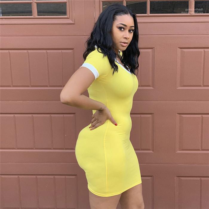 

Panelled Club Causal Clothes Sexy V Neck Skinny Dresses Pure Color Short Sleeve Summer Dress Ladies, Yellow