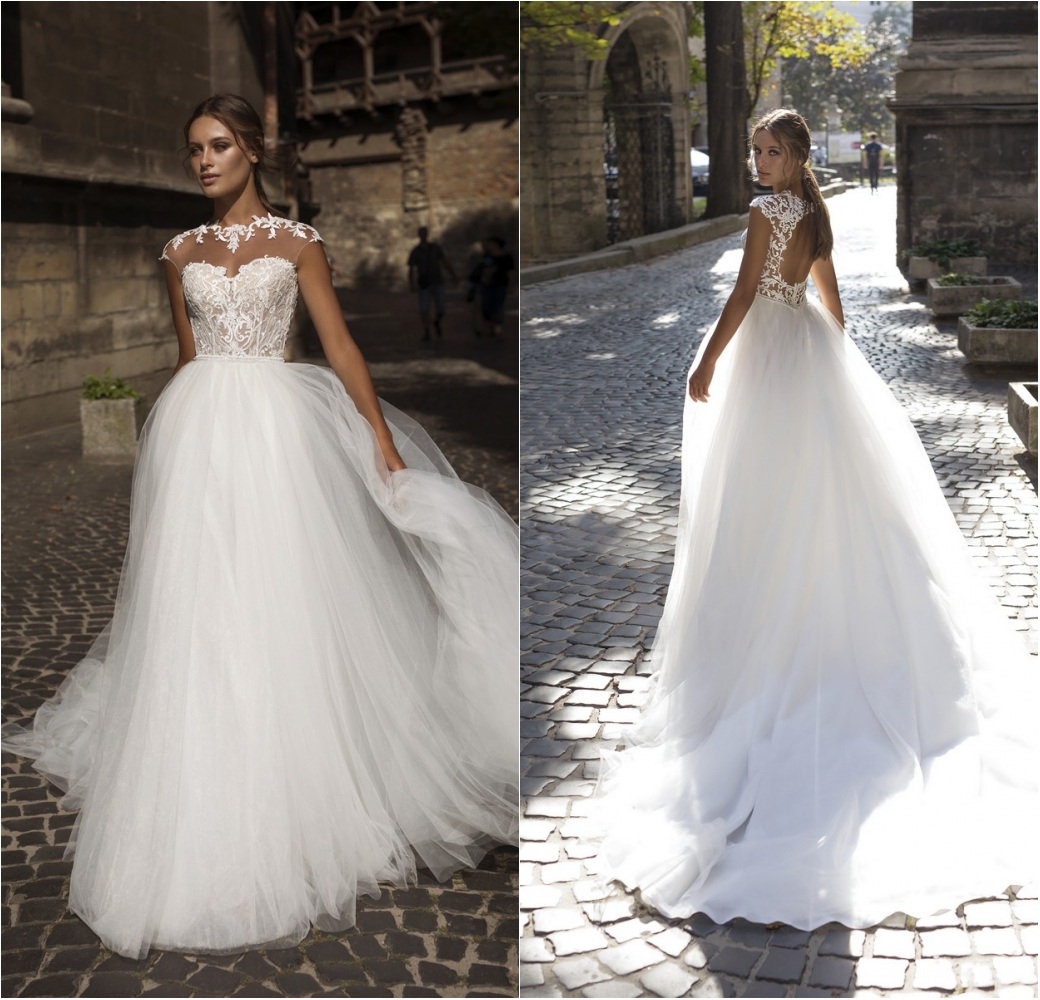 

2020 Lace Wedding Dresses Jewel Sleeveless Appliques Beach Bridal Gowns Hollow Back Sweep Train A Line Wedding Dress Robe De Mariee, Gold