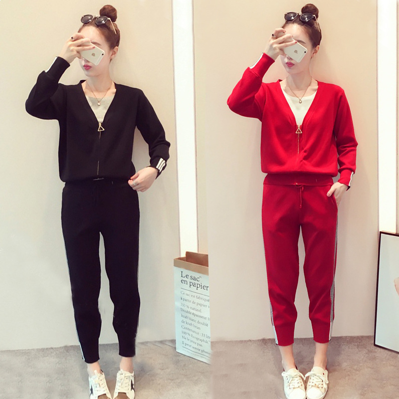 

Autumn And Winter Ladies Fashion Trousers Long Sleeves Black Red Sports Two-piece Suit Casual Slim Elastic Large Size Optional