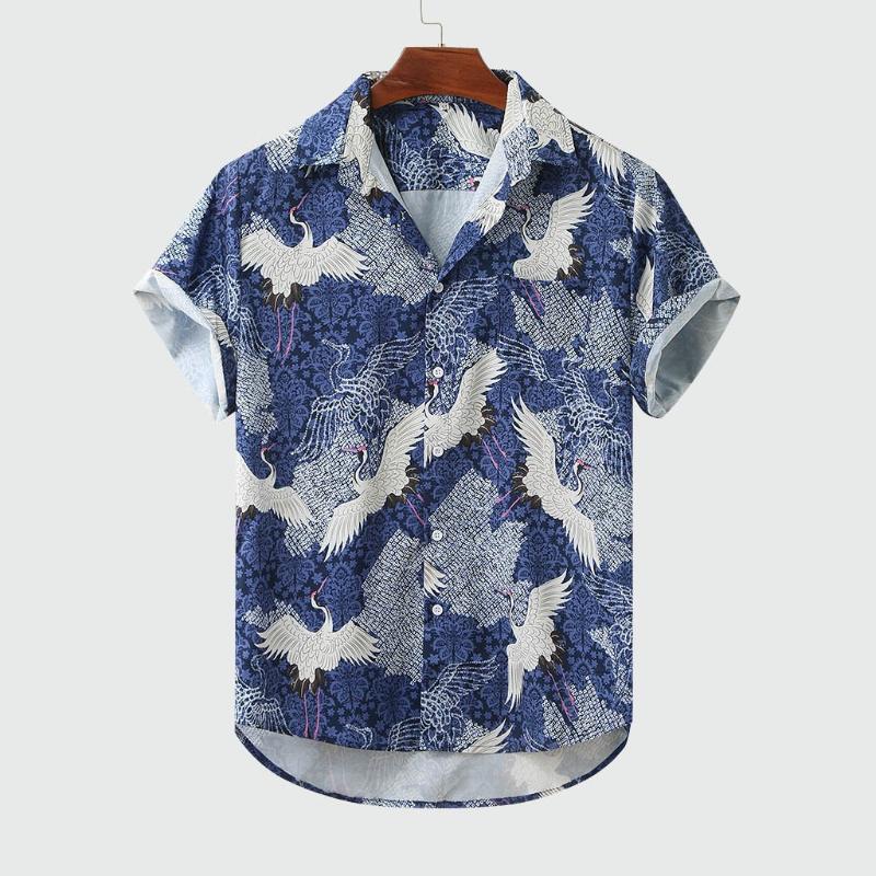 

Fashion Men's Blouse Casual Button Hawaii Print Beach Short Sleeve Top Camisa Turn-Down Collar Shirt Men Camisas Hombre, Bu