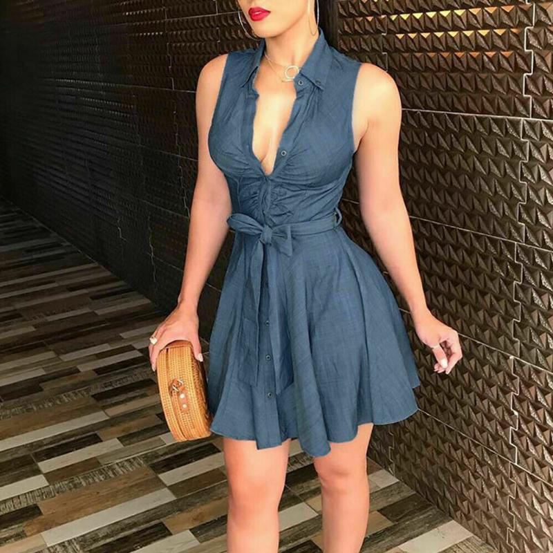 

Women Sleeveless Denim Deep V neck Dress Women Summer Mini Blue Dress Belted Party Short Mini Summer Sundress Clothes, As pic