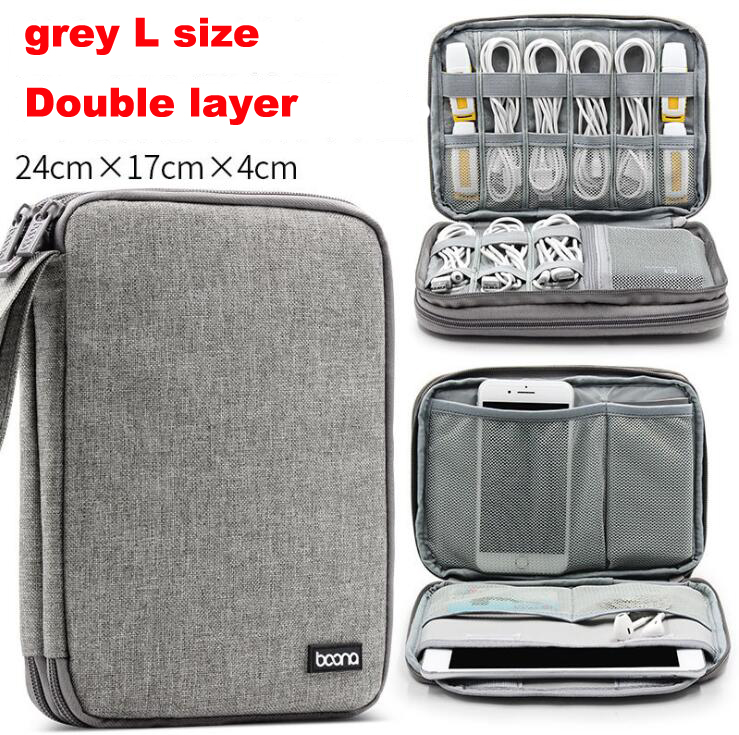 

L Double Layer USB Data Cable Organizer Digital Storage Bag Earphone Wire Bag Pen Power Bank Travel Kit Case Pouch Electronics Accessories, As show