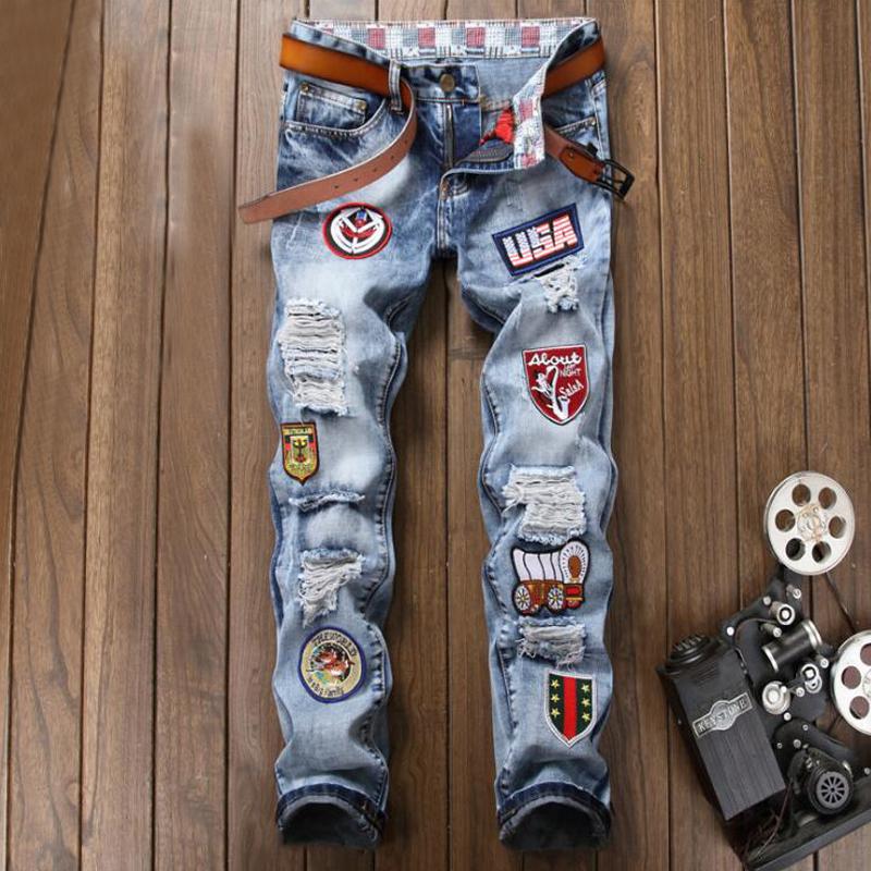 

Brand Jeans Men New Stylish Badge Cotton Blue Slim Fit Denim Pants For Man Hip Hop Jeans Designer Motorcycle Ripped Homme