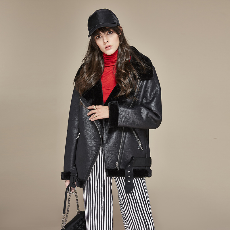 

Autumn Winter Warm Casual Faux Fur Jacket Outwear High Fashion Leather Street Jacket Women PU Zipper Leather Jackets, Black
