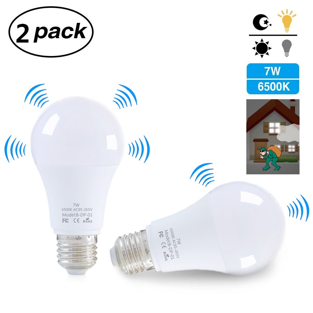 

2PCS E27 7W LED Light Bulb with Motion Sensor Home Lamp Indoor Outdoor Energysaving 6000K Smart Bulbs for Bathroom Office Staircases Hallway
