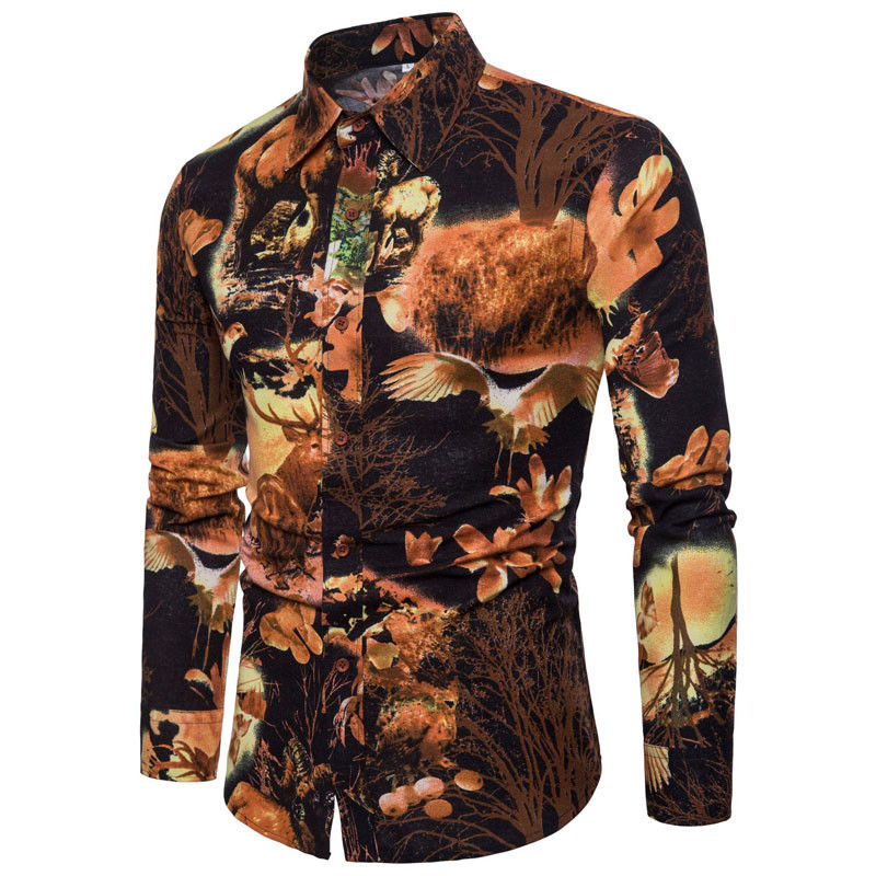 

Men's Casual Shirts Men Slim Social Club Shirt Autumn Baroque Camisa Fit Printed