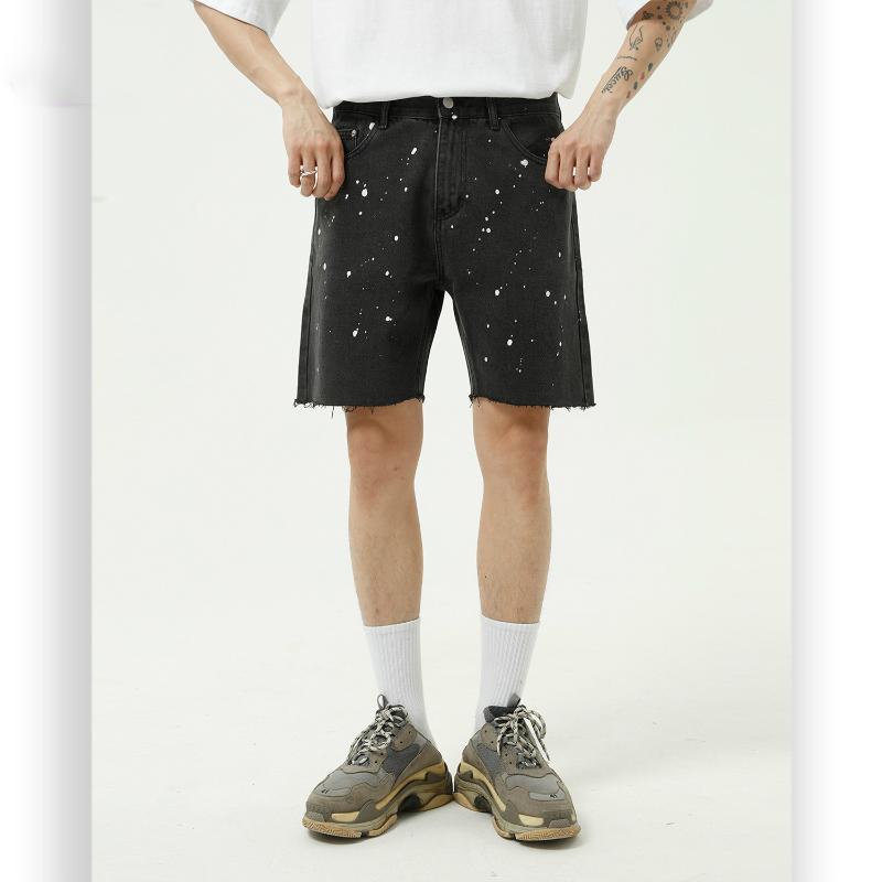 

New Male Japan Korea Style Streetwear Vintage Fashion Hip Hop Denim Shorts Men Paint Dot Casual Knee Length Jean Shorts, 963 light blue