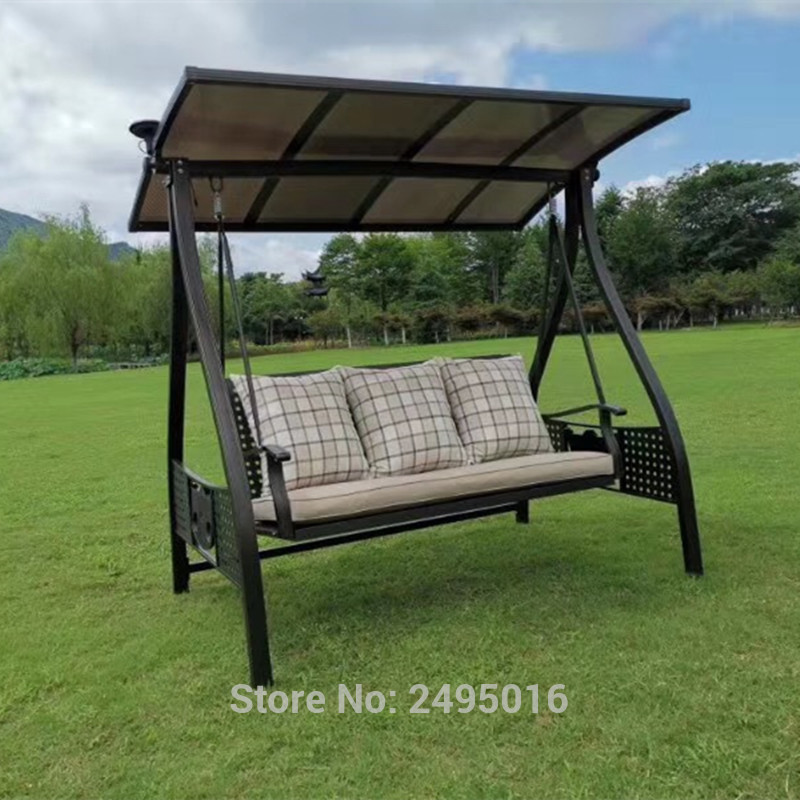 

3 seats aluminum garden swing chair PC board canopy hammock outdoor furniture with solar light and cushions