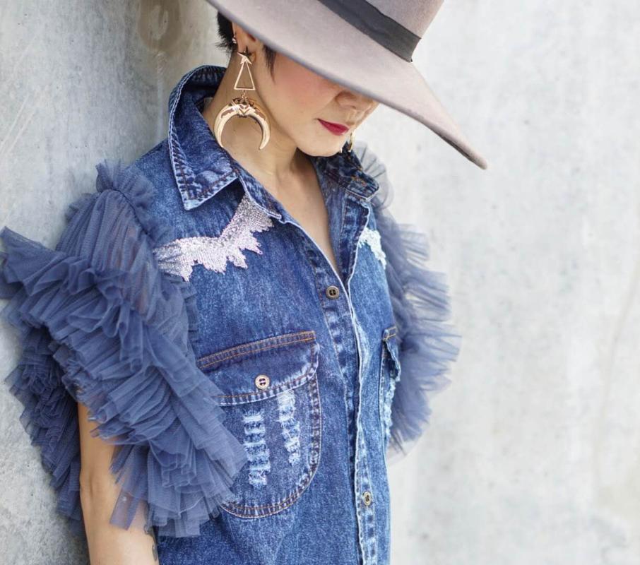 

Original tide brand 2020 spring and summer new net yarn stitching washed thin denim cardigan vest women, Blue