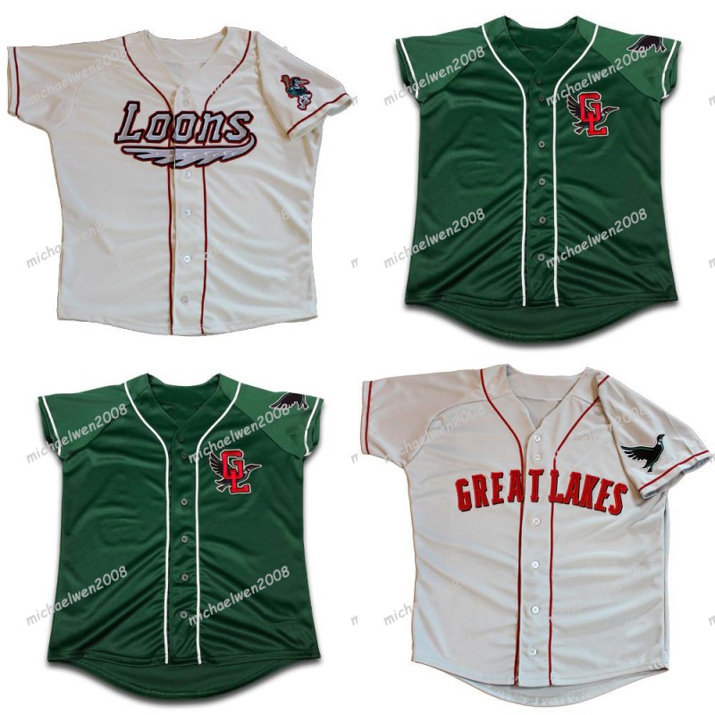 

Mens Great Lakes Loons White Green Custom Double Stitched Shirts Baseball Jerseys High-quality, Mens whtie2