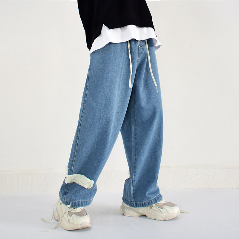 

Male Streetwear Hip Hip Vintage Loose Denim Pant Men Drawstring Adjustment Casual Loose Straight Jeans Pant, Blue