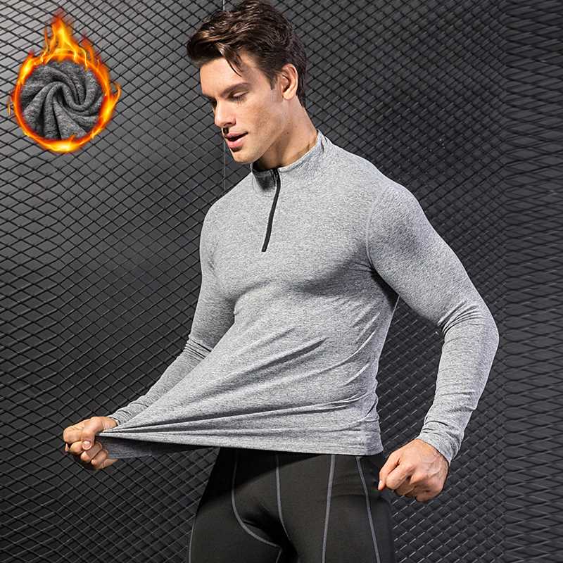

New Men Autumn Winter Gym Fitness Tights With Velvet Quick Dry Men' Running T Shirt Sportswear T-shirts Long Sleeve Sport Shirt, Black