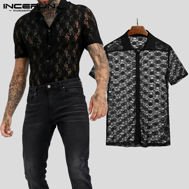 

Men Mesh Shirts Short Sleeve Lapel Shirts Black Lace See Through Blouse Man Summer Fitness Tops Party Nightclub Camisa -5XL