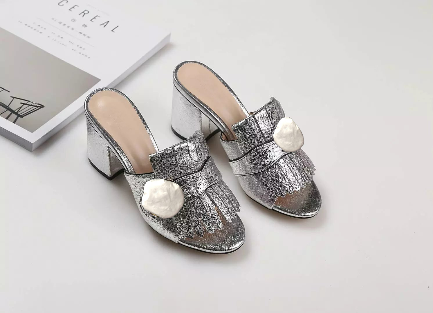 

Lady Summer Slipper Designer Sandals Metal buckle Leather sexy high heeled shoes Coarse heel Half slippers large size 34-42, Black + cowhide