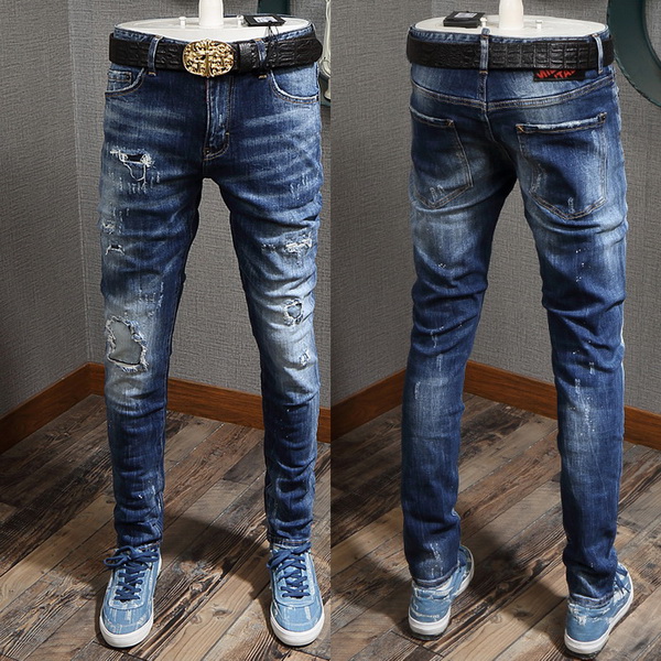 

Stitching Detailed Blue Jeans For Men Pocket Patches Guy Slim Style Distressed Vintage Denim Trousers Man, D2-8112