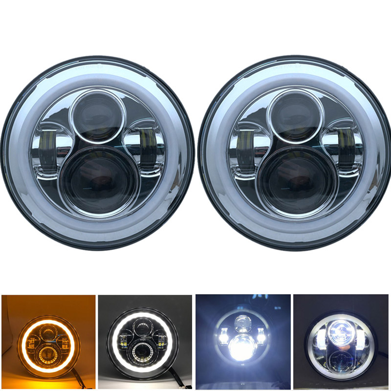

2*7 Inch 40W H4 LED Headlights Lamp With Angle Eyes 7" Round Headlamp For Lada 4x4 Urban Niva Land Rover 90/110 Defender