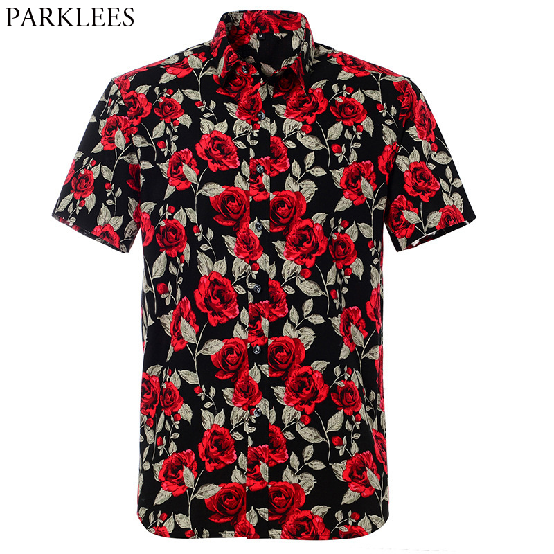 

Rose Floral Stylish Print Hawaiian Shirt Men 2020 Summer New Cotton Casual Button Down Shirts Mens Party Beach Clothing Male 2XL, 14