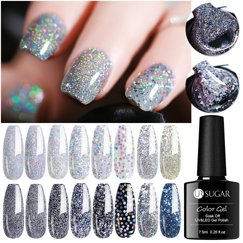 

UR SUGAR 7.5ml Laser Silver UV Nail Gel Polish Holographic Glitter Soak Off UV Led Nail Varnish Polish Gel Lacquer Design New, New29