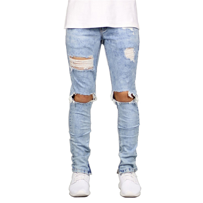 

MORUANCLE Men Hi Street Destroyed Jeans Pants Streetwear Hip Hop Ripped Denim Trousers Distressed Jean Joggers With Big Holes, Blue