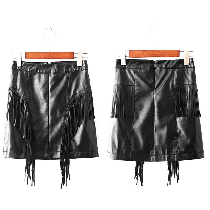 

Spring Europe Ladies Black Skirt PU Tassel Large Size Short Leather Skirt Mini High Waist Street Mujer A-Line Skirts MZ2226
