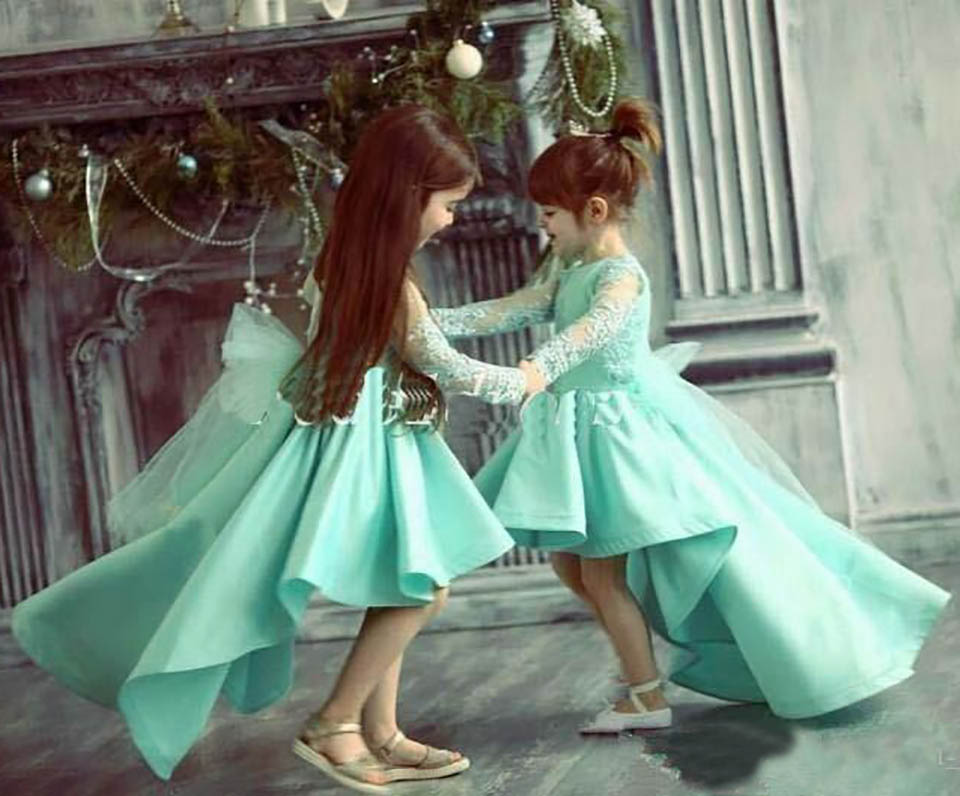 Robe de concours de filles vert menthe à manches longues avec gros nœud dans le dos, manches longues en dentelle, robes de soirée pour filles, ro
