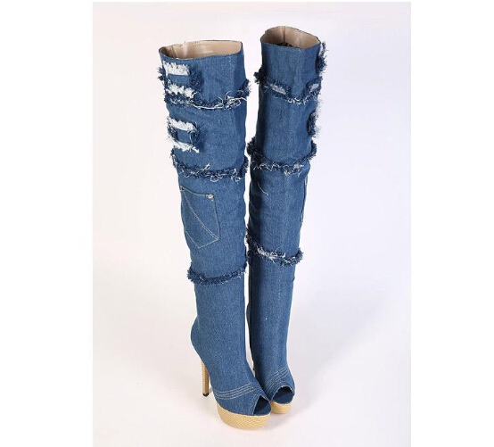 

Unqiue hot sale denim women open toe summer boots lace jeans elegant peep toe platform over the knee boots plus size 42, Blue