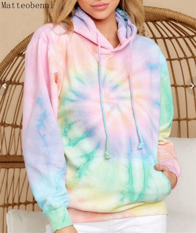 

women Tie Dye Hoodie sweatshirts Autumn Long sleeve 2020 oversize ladies pullovers casual loose pocket hooded shirt Streetwear, Pink