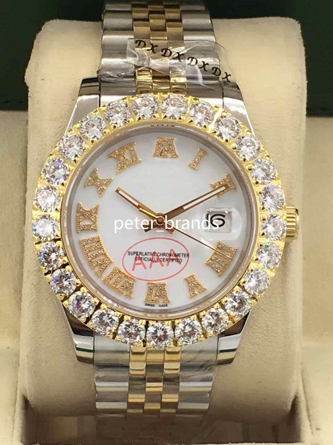 

Prong Set Diamond Watches two tone silver gold 43mm white face Bigger diamond bezel Automatic Fashion Men's Watch