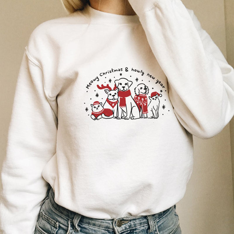 

Meowy Christmas Howly New Year Women Sweatshirt Kawaii Cats Dogs Lover Festival Clothing Aesthetic Streetwear Jumpers Drop Ship, White
