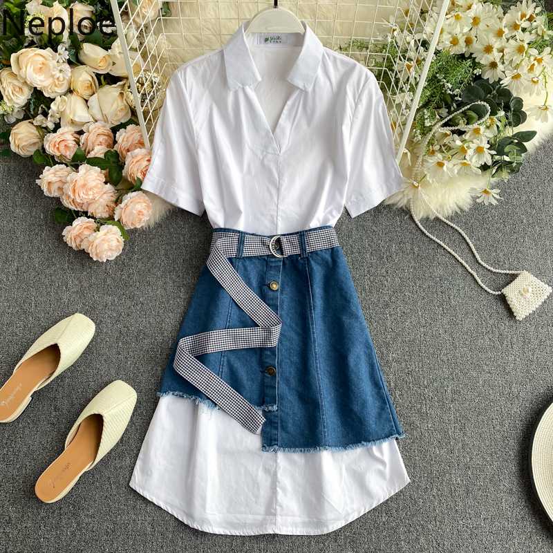 

Neploe Vintage Suits Women Short Sleeve V-neck Blouse Dress + Plaid Belt Demin Skirt Korean 2020 New Two Pieces Sets 1C463, Dark blue