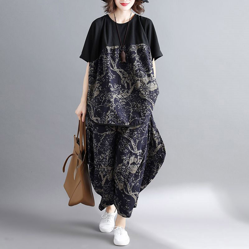 

Retro Casual Fashion Two Piece Set Cotton Linen Set Summer Woman Plus Size Abstract Printing T Shirt+Wide Leg Pants f1174, 2 dragonfly