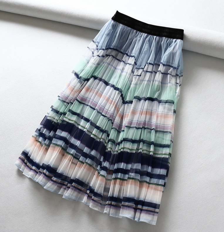 

Fashion 2019 Summer Women High Waist Skirt Colorful Striped Mesh Pleated Skirts Boho Vacation Lady' Sweet Elastic Long Skirts, Multi