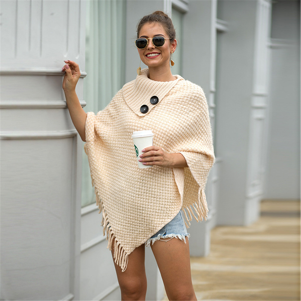 

Women's Cape 2021 Tassel Cloak Half Open Collar Buttons Sweater Solid Pullovers Sweaters Ponchos And Capes Autumn Winter Clothes Women, D225-3